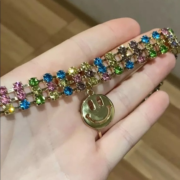 Zara Rainbow Rhinestone Smiley Charm Choker Necklaces + Chain - Picture 11 of 14